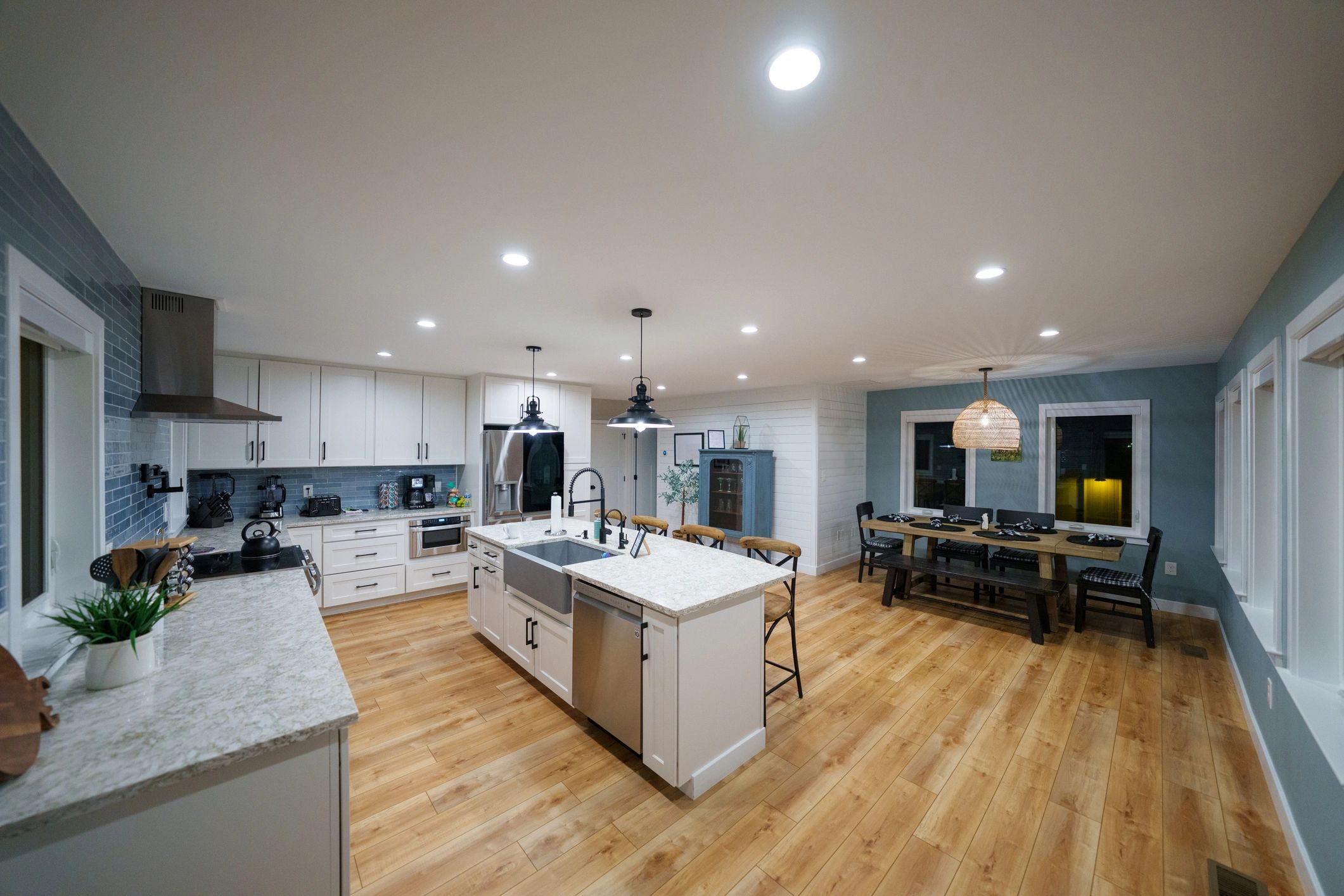 Bright modern home interior with clean kitchen and dining area
